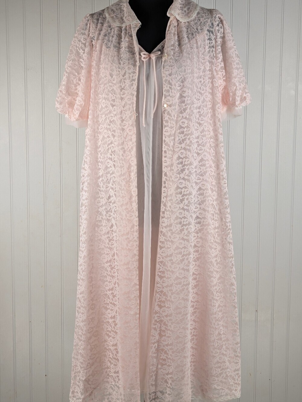 Vintage Lisette Pink Lace Robe Peignoir Set with Sheer Nightgown, Size Small